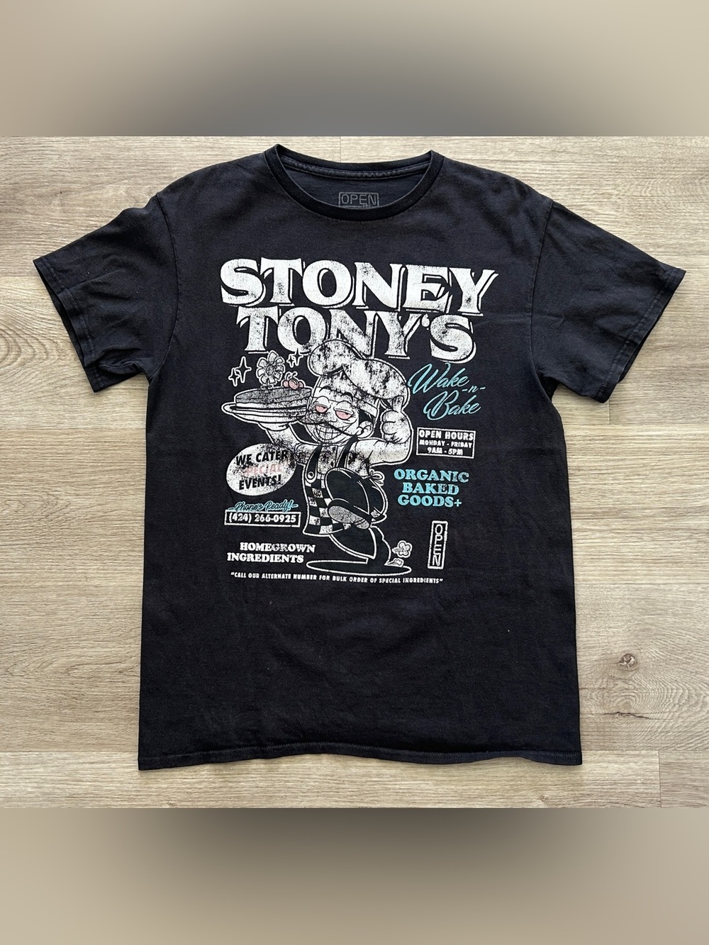 Stoney Tony’s Wake ‘n Bake Black Graphic T-Shirt Medium